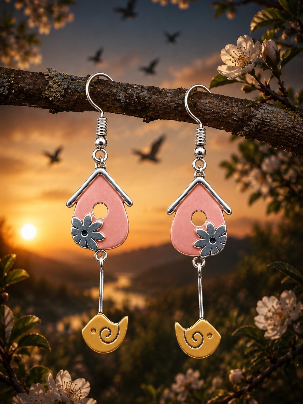 Boho Birdhouse Earrings with Gold Birds Copper Accents Bird Lovers Gift Rustic